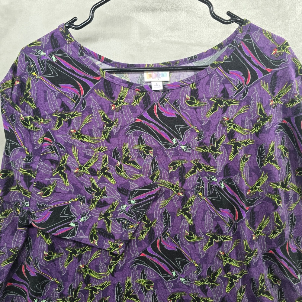 LuLaRoe Size Large Disney Maleficent Crow Irma Tunic Top Purple Sleeping Beauty